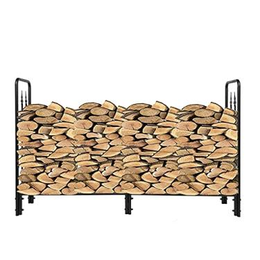 Imagem de U5GAAALPPQ9 Armazenamento de madeira para lareira, 2 fileiras, suporte para lenha, suporte para lenha, prateleira de armazenamento, ferro preto com suporte de lenha estilo flecha