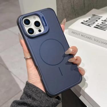 Imagem de Capa de luxo com suporte magnético para iPhone 17 Air 16 15 14 13 12 11 Pro Max Plus, à prova de choque, com carregamento sem fio (para iPhone 16/Azul Marinho)
