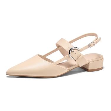 Imagem de Coutgo Sapato feminino Mary Jane de salto baixo grosso, bico fino, fechado, bico fino, fivela no tornozelo, Pu Nude, 35