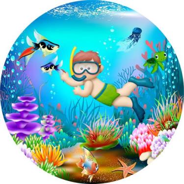 Imagem de Painel de Lona Redondo Fundo Mar Peixes Tartaruga e Menino Mergulhador