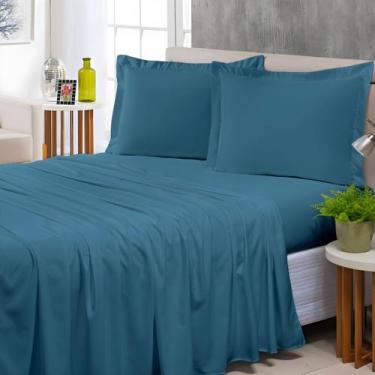 Imagem de Jogo de Cama Queen Aba Americana 300 Fios Toque Macio 4 Peças Marinho 