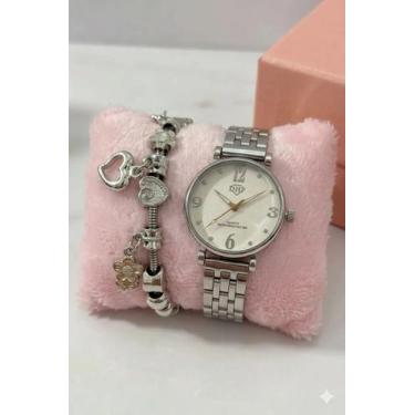 Imagem de Conjunto Relógio Feminino E Pulseira Berloque Luxo Presente Cor:Prata 
