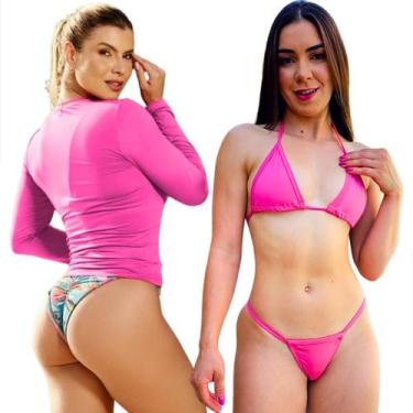 Imagem de Kit Camiseta Térmica Segunda Pele Feminina Biquini Fio Dental Cortinin