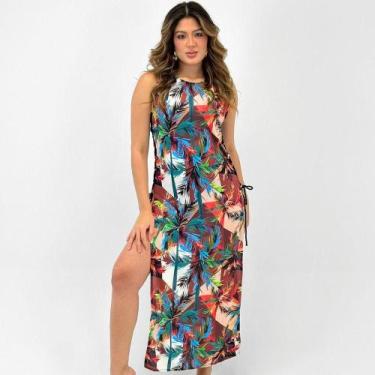 Imagem de Saída de Praia Sol Pleno Vestido Midi Estampado Feminino, G, Marrom