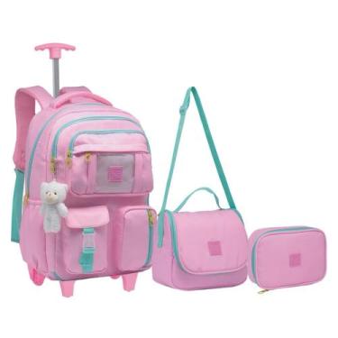 Imagem de Kit Mochila Feminina De Rodinha Juvenil Escolar Com Chaveiro Urso Aber