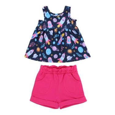Imagem de Conjunto Infantil Roupa Menina Bata Estampada Planetas + Short C/ Elás