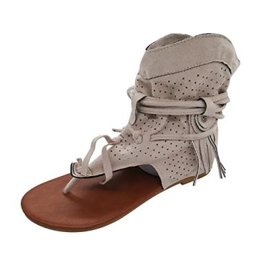Imagem de Sandálias femininas retrô com borla botas de praia romana sapatos boêmios meninas sandálias femininas suporte de arco sandálias femininas tamanho 10 (bege, 39-40)