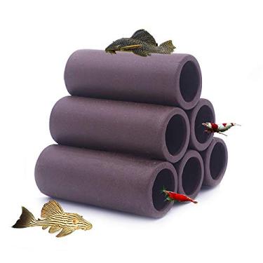 Imagem de DOHO Aquarium Cave abrigos de cerâmica marrom feito à mão – Camarão e pequeno habitat de peixe, tubo de reprodução, caverna escondida – Tubos ocultos reduzem o estresse, estimulam a proliferação – Decoração de aquário com seis furos