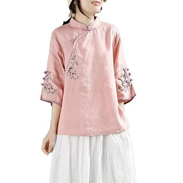Imagem de Yajun Camisetas bordadas estilo chinês casual solto retrô blusa de algodão top feminino primavera gola botão manga curta, rosa, GG (busto: 108cm)