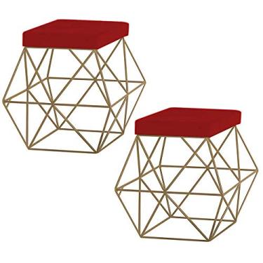 Imagem de Kit 2 Puffs Decorativo Sala de Estar Base Gold Trixie Veludo Vermelho - Gran Belo