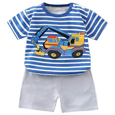 Imagem de Conjunto de vestidos para bebês meninos meninos listras desenho de carro camiseta tops + shorts roupas bebê menino vestido (Q, 6-12 meses)