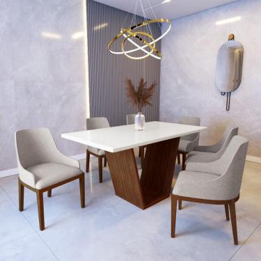 Imagem de Mesa de Jantar 1,6m Safira Off White com 6 Cadeiras Elisa Linho Bege Madeira Maciça Imbuia