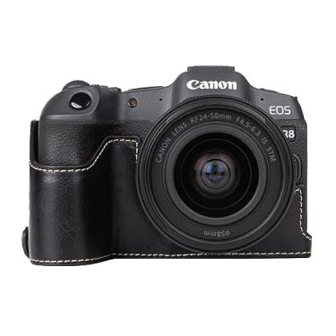 Imagem de MUZIRI KINOKOO Capa para câmera Canon EOS R8/EOSR8 DSLR, capa protetora de couro PU estilo retrô para Canon EOS R8 com alça de mão e design inferior de abertura, Preto, Estilo retrô