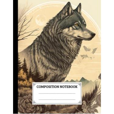 Imagem de Caderno de composição pautado na faculdade: ilustração da natureza vintage de lobo | Diário de estética legal para estudantes, universidades, adolescentes | 120 largo forrado | Tamanho 21 x 27 cm.
