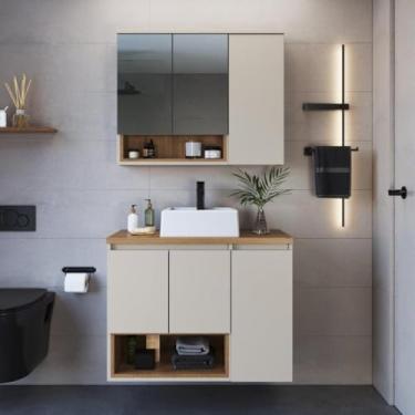 Imagem de MadeiraMadeira - Conjunto de Gabinete Suspenso 80cm com Cuba e Espelheira 3 Portas e Nicho - Cecília Mel/Arenas