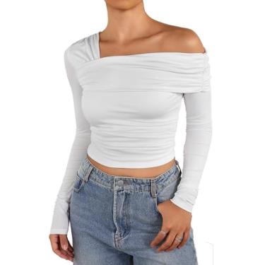 Imagem de EYNMIN Blusa feminina de manga comprida com ombros de fora, caimento justo, camiseta cropped básica Y2K, 01 Branco, G
