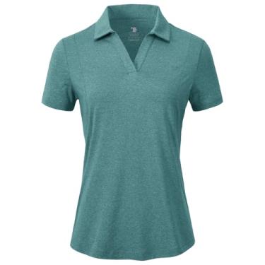 Imagem de BGOWATU Camisa polo feminina de golfe de manga curta com gola V, gola V, proteção UV, ajuste seco, Cinza, verde, G