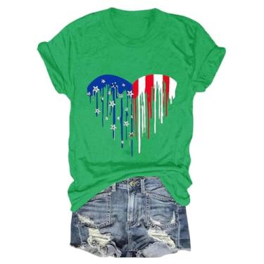 Imagem de Camiseta feminina de 4 de julho com estampa da bandeira dos EUA, gola redonda, mangas curtas, camiseta do Dia da Independência, Verde, XXG