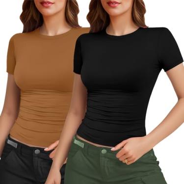 Imagem de YOGINGO Pacote com 2 camisetas femininas básicas de manga curta gola redonda slim fit 2024 verão Y2k camisetas curtas, Preto/marrom, XXG