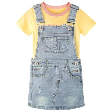 Imagem de CHUMHEY Conjuntos de vestidos jeans para bebês e meninas, camisetas de algodão com gola redonda, saias suspensórias, Amarelo e azul - 0137, 3-4 Anos