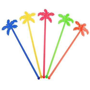 Imagem de ZZLZX 50 peças de palitos decorativos de coco, bebidas tropicais, gelo, coquetéis, agitadores de café, para bares, restaurantes, casamentos, festas havaianas, 5 cores, cores mistas, palitos de mistura