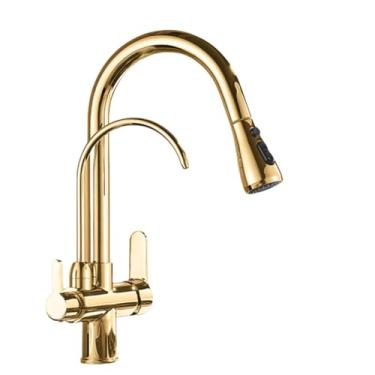 Imagem de Torneiras de cozinha purificação preto pull out cozinha filtro de água torneira misturador de 3 vias, dourado b