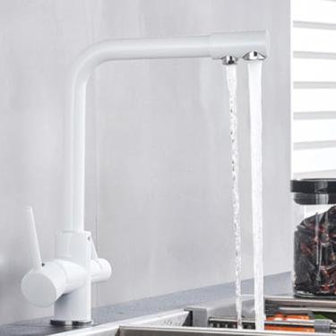Imagem de Torneira de água pura cromada, rotação 360, multifuncional, filtro de cozinha, purificação, alça dupla, torneiras misturadoras frias, branca