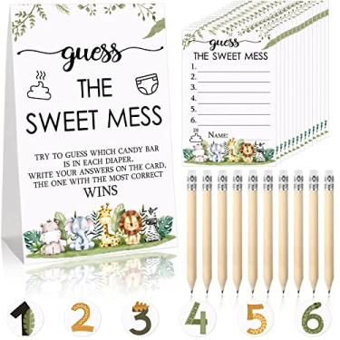 Imagem de Jogo de fraldas sujas para chá de bebê Guess The Sweet Mess com 67 peças, incluindo placa Guess The Sweet Mess 50 cartões pequenos, 10 lápis e 6 adesivos de números para chá de bebê festa de revelação de gênero (animais)