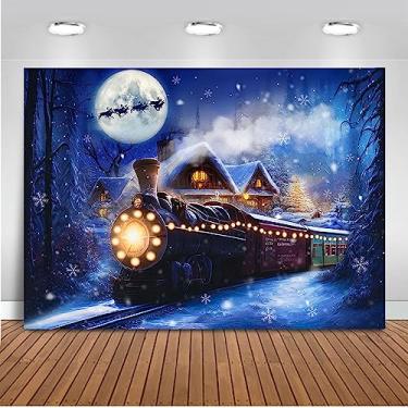 Imagem de Mocsicka Pano de fundo de trem de Natal para fotografia trem de inverno Natal neve noite ferrovia festa fundo do país das maravilhas floco de neve retrato adereços de estúdio fotográfico (3 x 2,4 m)