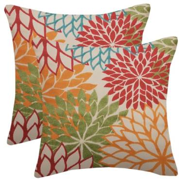 Imagem de AELUTYSH Capas de almofada de dália laranja verde 45,7 x 45,7 cm Conjunto de 2 almofadas decorativas florais rústicas vermelhas azul-petróleo dália casa de fazenda decoração de flores geométricas capa