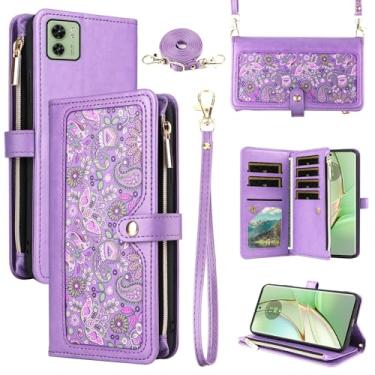 Imagem de Dswteny Capa carteira floral para Motorola Moto Edge 40 5G com alça de ombro, zíper de couro flip suporte para cartão de crédito acessórios capa de celular para Moto Edge 40 5G mulheres homens roxo