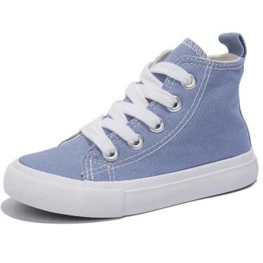 Imagem de OPOEE Sapatos infantis de cano alto com cadarço Espadrcanvas de volta às aulas para meninos e meninas sapatos brancos para adolescentes clássicos infantis tênis sapatos de skate para bebês, Azul
