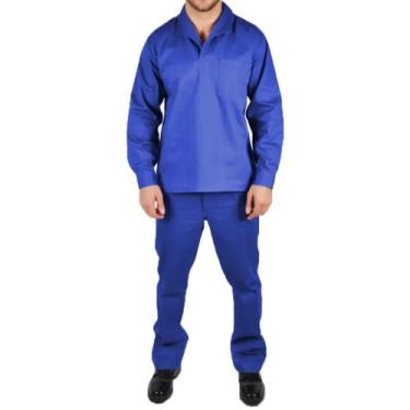 Imagem de Conjunto Brim Camisa Manga Longa Gola Italiana Calça Elástico Total - 