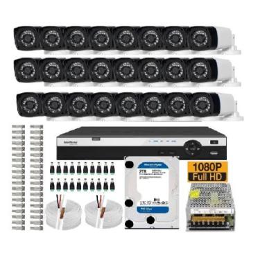 Imagem de Kit Cftv Dvr 32 Canais Intelbras 3132mhdx 24 Câmeras Bellet Full Hd 10