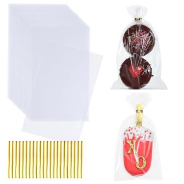 Imagem de Pacote com 100 sacos de bolo de 7 x 15 cm com laços e palitos - Sacos de celofane transparentes para doces, padaria, lembrancinhas de festa