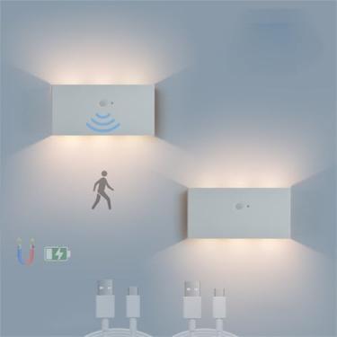 Imagem de Luminária de parede interna LED sem fio com sensor de movimento, arandelas de parede USB recarregáveis, alimentadas por bateria, iluminação noturna magnética para loft, escada, sala de estar