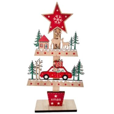 Imagem de Mini Arvore de Natal Enfeitada em Madeira com Vila Natalina e Estrela Vermelha Decoracao Casa Aparador Rack