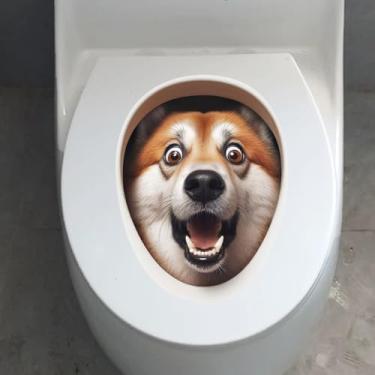 Imagem de Iprokiu Adesivo de vaso sanitário de animal fofo impermeável 3D engraçado cachorro rachando tampa de vaso sanitário adesivo de parede adesivo de esquilo tampa de vaso sanitário decoração de casa (Cão