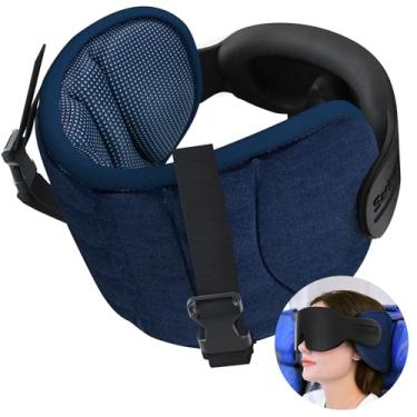 Imagem de Travesseiros de viagem para aviões SARISUN Travesseiro para voos longos, alça de cabeça com máscara para dormir, encosto de cabeça de 360° para viagem de carro, aprovado pela FSA e HSA, azul-manchado