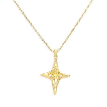 Imagem de Sonateomber Colares com pingente de estrela de ouro simples para mulheres, pedra do mês de nascimento com strass brilhante, estrelas de quatro pontas, colares pendentes de formatura, moda de