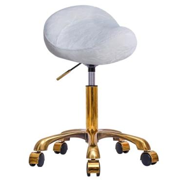 Imagem de HZLCMPY Banqueta dourada com rodas, banqueta de couro PU, banqueta ajustável de altura, cadeira giratória para pedicure, tatuagem, massagem, spa de salão (branca)
