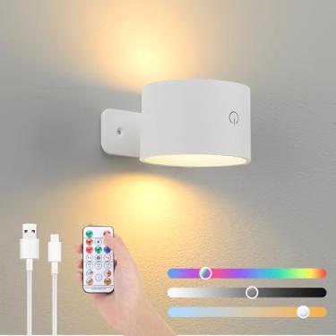 Imagem de Arandela de parede operada por bateria com controle remoto RGB, luzes de parede recarregáveis reguláveis de 19 cores, lâmpada de parede interna sem fio com rotação magnética de 360° para quarto e sala