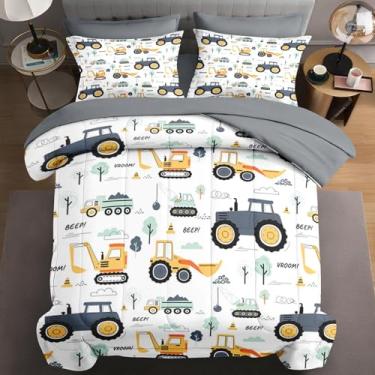 Imagem de WeCozy Jogo de edredom solteiro com fronha e fronha, trator de fazenda boêmio, para crianças e adultos, cama de caminhão de construção em uma bolsa com lençol de cima