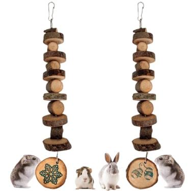 Imagem de Copfeu 2 peças de brinquedo mastigável para animais pequenos, madeira de maçã natural, gaiola de bloco, molares pendurados, petiscos, lanche para hamsters, coelhos, pássaros, chinchilas, esquilos para