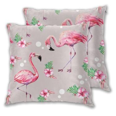 Imagem de Jbofyee Capa de almofada de flamingo rosa aquarela 45 x 45 cm flores tropicais e folhas decorativas fronhas macias para sala de estar quarto sofá sofá capa de almofada conjunto de 2