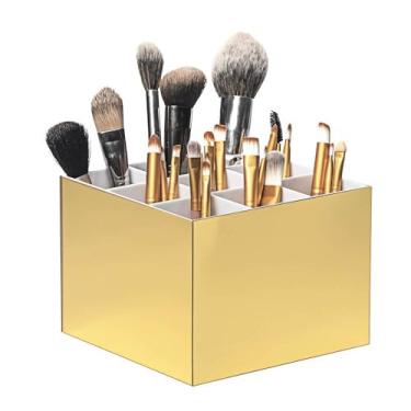 Imagem de Porta Pincel em Acrílico Espelhado Dourado/Branco com 9 Divisórias