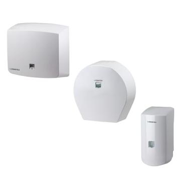 Imagem de Conjunto de Dispensers para Banheiro, 3 Peças, Papel Toalha, Papel Higiênico e Sabonete Líquido, Branco