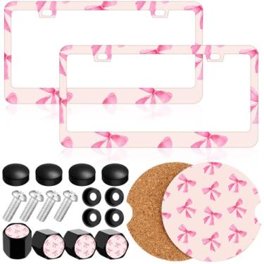 Imagem de Honeydak 2 peças de moldura de placa de licença com laço rosa Coquete, 4 peças de tampas de haste de válvula, 2 peças de porta-copos de carro de cortiça, placa de carro para caminhão, SUV, acessório