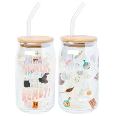 Imagem de Silver Buffalo Harry Potter Stand Together Toss Icons Wands Ready Light Blue Pearlescent 2pk Copo de vidro de 473 ml com tampa de bambu e conjunto de canudo de vidro