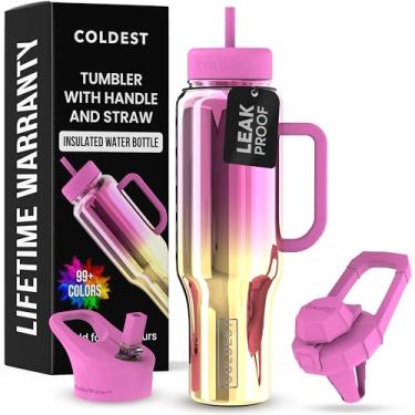 Imagem de Copo Coldest com alça e canudo - Copo 100% à prova de derramamento com canudo (3 tampas) - Copos isolados de aço inoxidável à prova de vazamento para mulheres e homens - Adequado para porta-copos